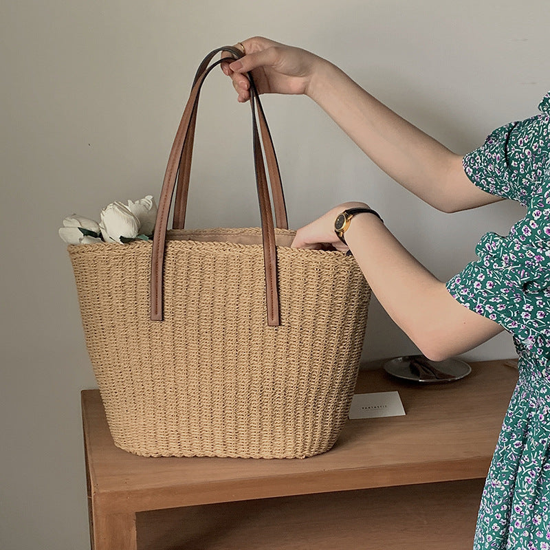 Bolso de paja sencillo, bolso de paja, bolso tejido, bolso de playa para vacaciones, bolso de hombro que combina con todo, bolso de oficina de verano. 