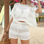 Beach Loose Sleeve Cover up Casual Vacation Sun Protection Hollow Out Cutout Shorts Beach Cover Up Suit Tidee
