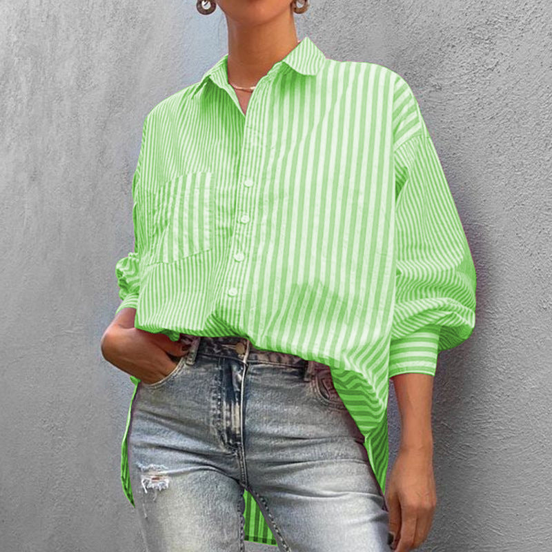 Summer Women Clothing Collared Loose Long Sleeve Striped Shirt CONY