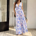 Summer Holiday Printed Boning Corset Slip Dress Sexy Low Collar Cinched Slimming Maxi Dress SUNSHINE