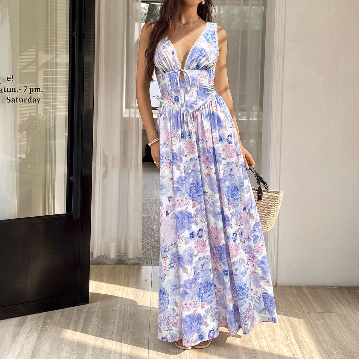 Summer Holiday Printed Boning Corset Slip Dress Sexy Low Collar Cinched Slimming Maxi Dress SUNSHINE