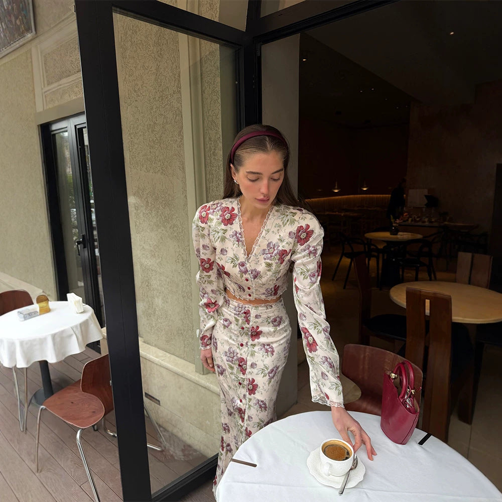 Summer Women Clothing Fashionable Elegant V neck Top Skirt Split Floral Print Vacation Set LaceCH