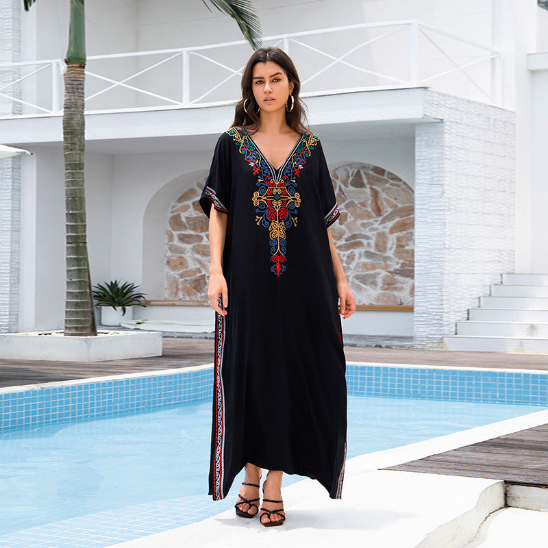 Rayon Embroidery Vacation Loose Maxi Dress Embroidery Even Bathrobe Beach Cover up Bikini Cover up EvenStar