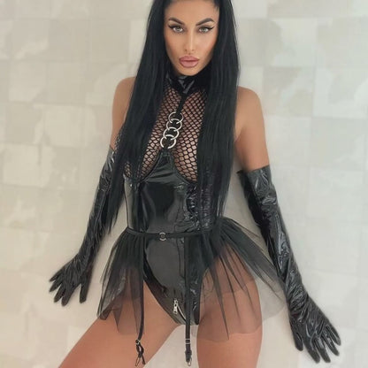 Conjunto de lencería sexy de charol de una pieza de malla sin espalda transparente